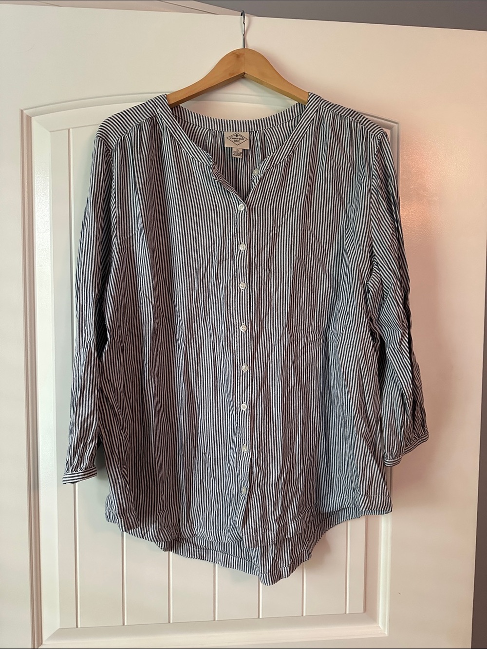 St. John's Bay Navy and White Striped Button-Down Shirt